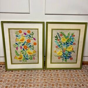 Vintage 70s Bucilla Springtime Floral Birds Embroidery Crewel Art Set of Two